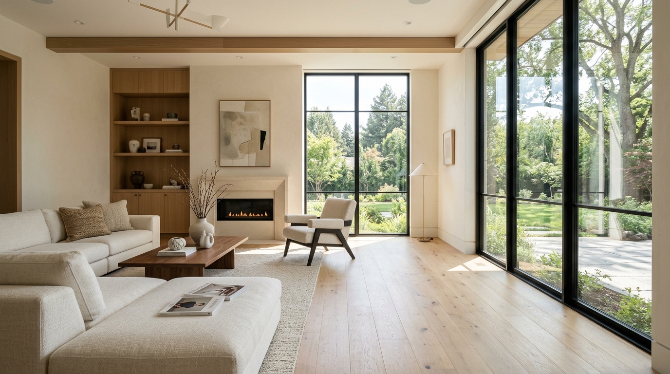 Beautiful modern living room with oak hardwood floors installed by The Fuentes Group